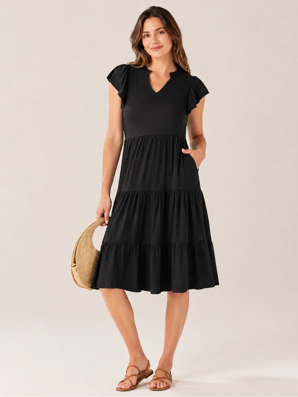 New Women’s Tiered Flutter Sleeve Midi Dress - Pockets - M/L/XL -Multiple Colors